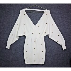 Dao Chloe Dao Dress Women Small White V Neck Long Sleeve Ribbed Bat Wing Pom Pom